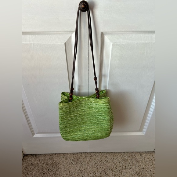 Sonoma life + style green straw weave purse bag wood/leather handle straps - Picture 1 of 6